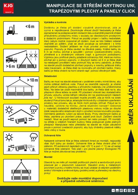 Manipulace se střešní krytinou UNI, trapézovými plechy a panely CLICK